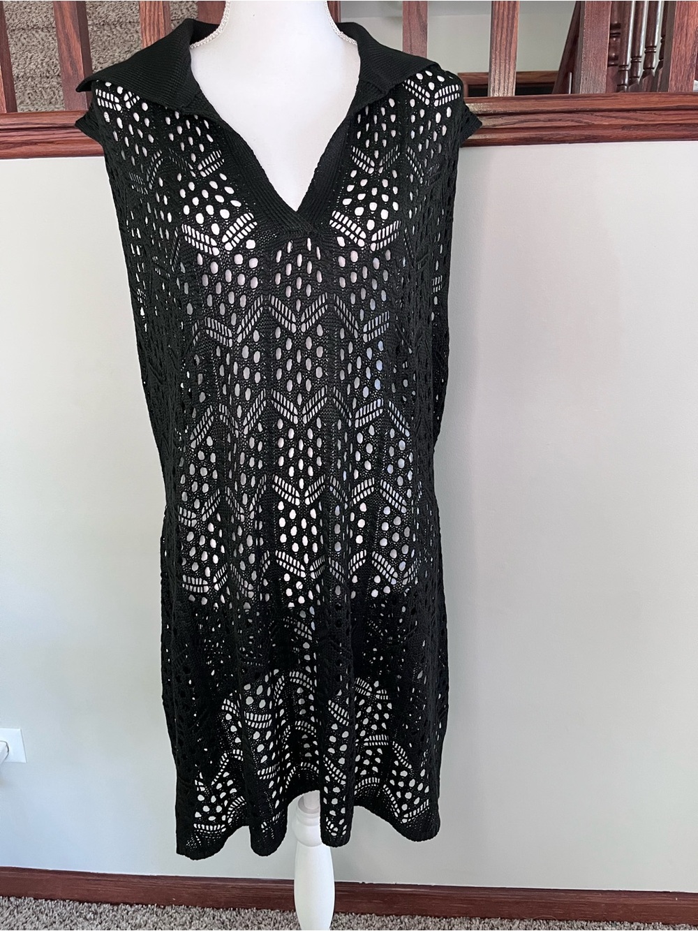 Black Crochet Knit Sleeveless Tunic Top V-Neck Polo Collar Plus Size 4XL